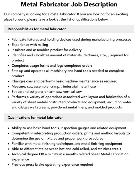 job description of metal fabrication|structural steel fabricator job description.